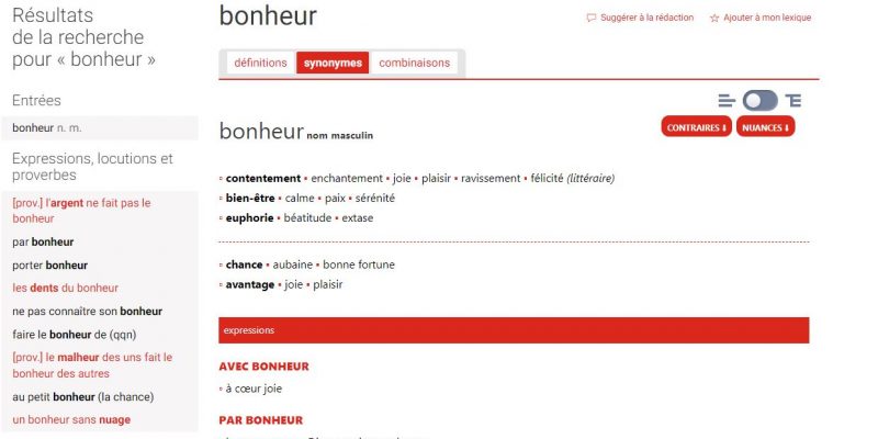 Synonymes du mot Bonheur - Vue liste