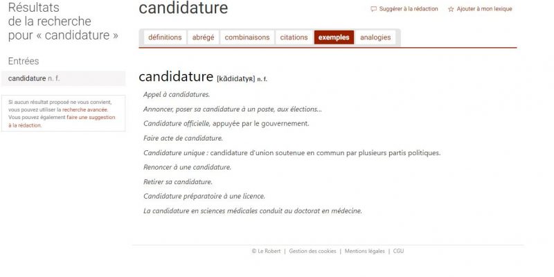 Exemples du mot Candidature